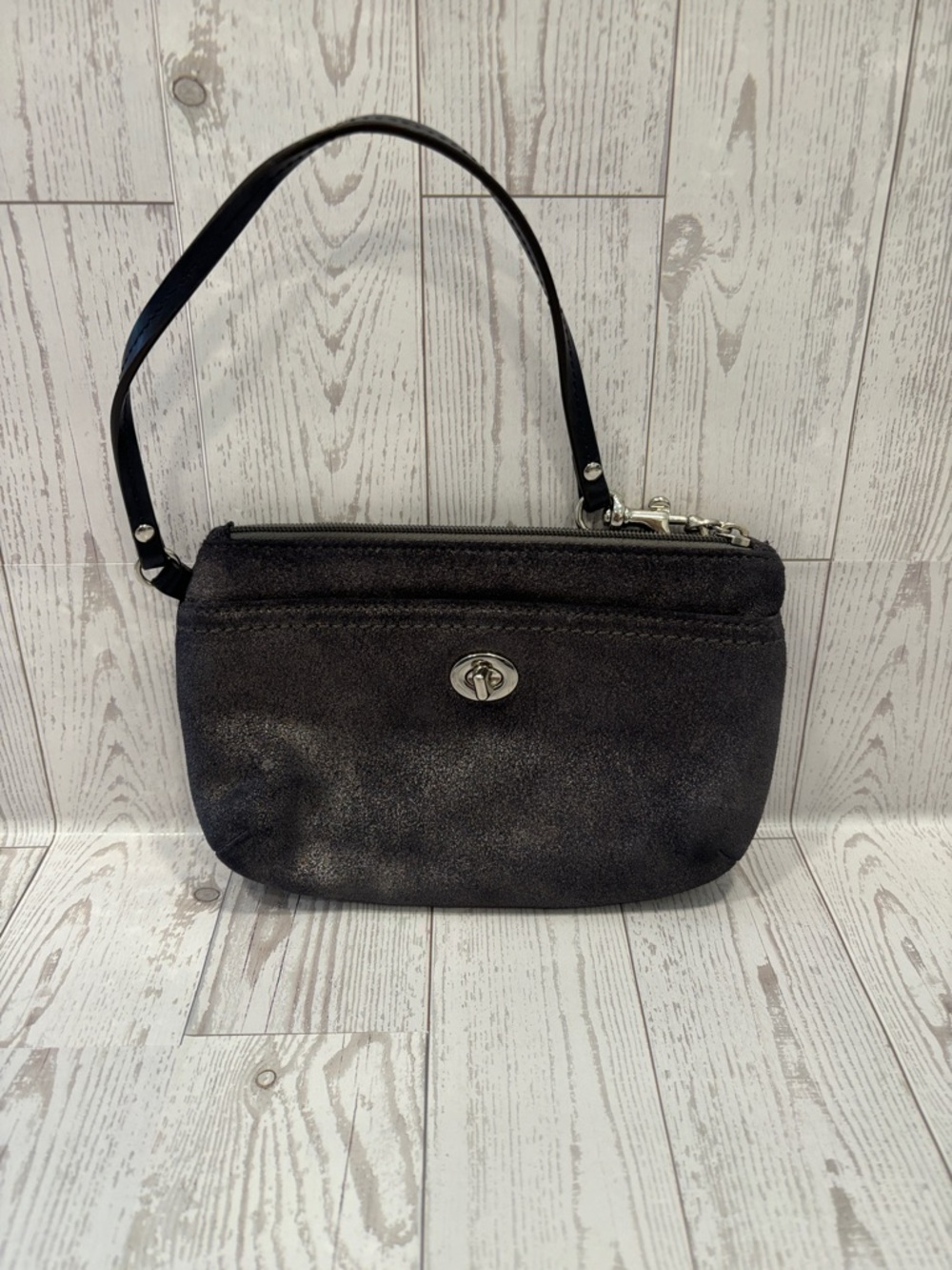 Coach Metallic Charcoal Black Wristlet with Silver Hardware